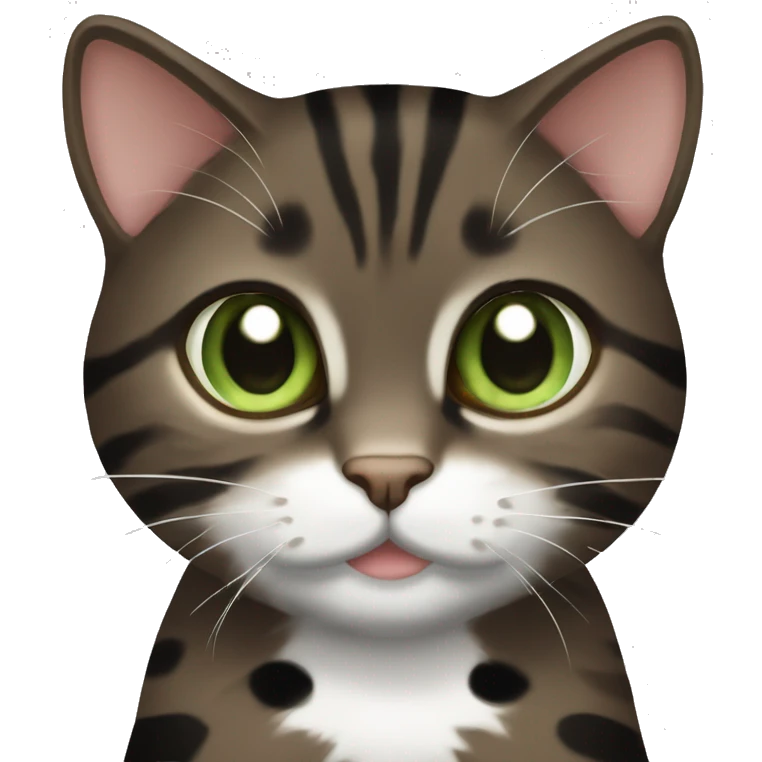 Dark brown tabby dark brown black spotted with white paws cat with brown-green eyes  emoji