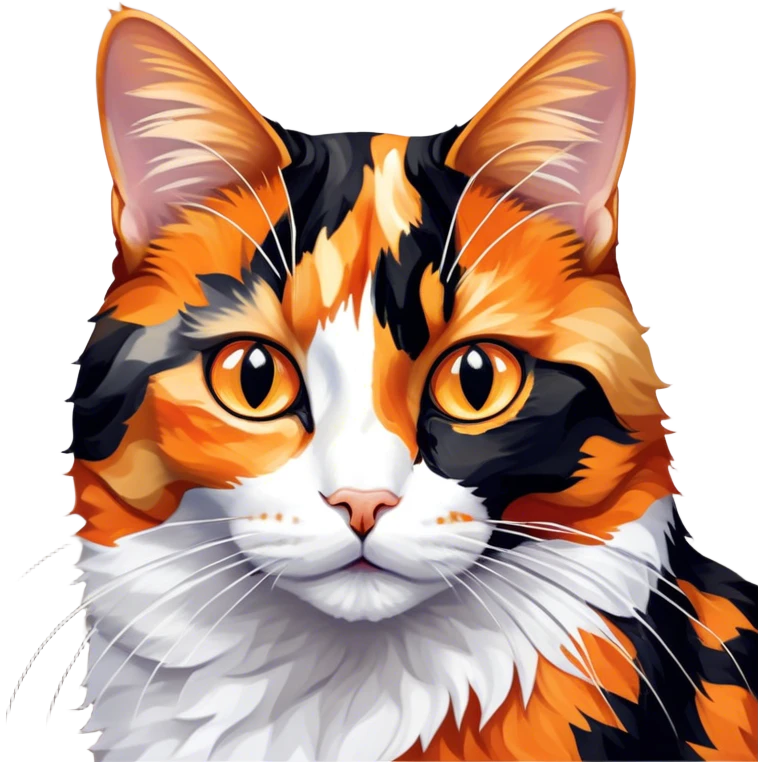 Cinematic Noble Calico Cat Portrait Emoji, Poised and regal, with a striking patchwork fur in vibrant orange, black, and white hues, delicate whiskers and a refined, focused gaze, simplified yet exquisitely detailed, glowing with a soft, moonlit radiance and an air of aristocratic elegance, high shine, exuding dignified intelligence and poised authority, soft glowing outline, capturing the essence of a watchful and noble calico cat that appears ready to grace the screen with effortless majesty! emoji