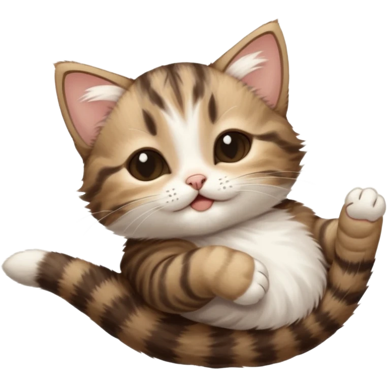 dark brown tabby and white kitten in funny positions stretched our upside down with eyes closed emoji