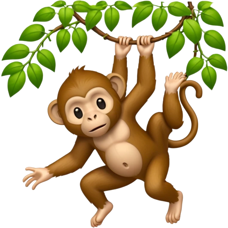 monkey swinging on a vine between two big trees emoji