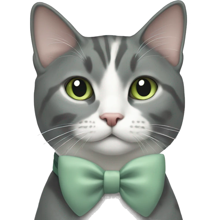 Grey and white tuxedo cat with sage green bow at neck emoji