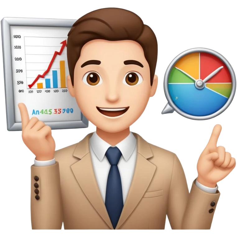 Enthusiastic salesperson with sales chart showing success emoji