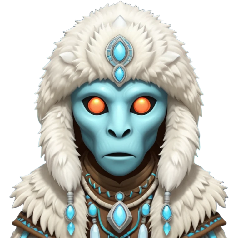 ancient arctic alien shaman portrait, head and shoulders only, Inuit-inspired fur hood, carved bone ornaments, glowing cosmic eyes, icy alien skin, spiritual sci-fi vibe, 3D cartoon, mobile game icon style, clean background, no text, no watermark


 emoji
