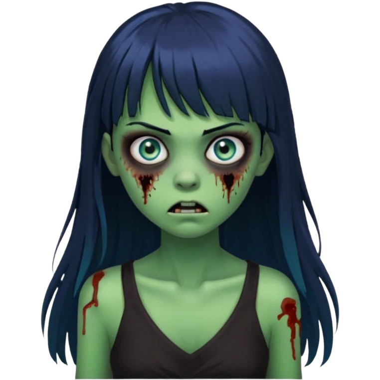 faça uma garota na forma de zumbi com a pele verde, assustada e com os olhos azuis, com o cabelo bem preto com franja e longo e a roupa decotada preta emoji