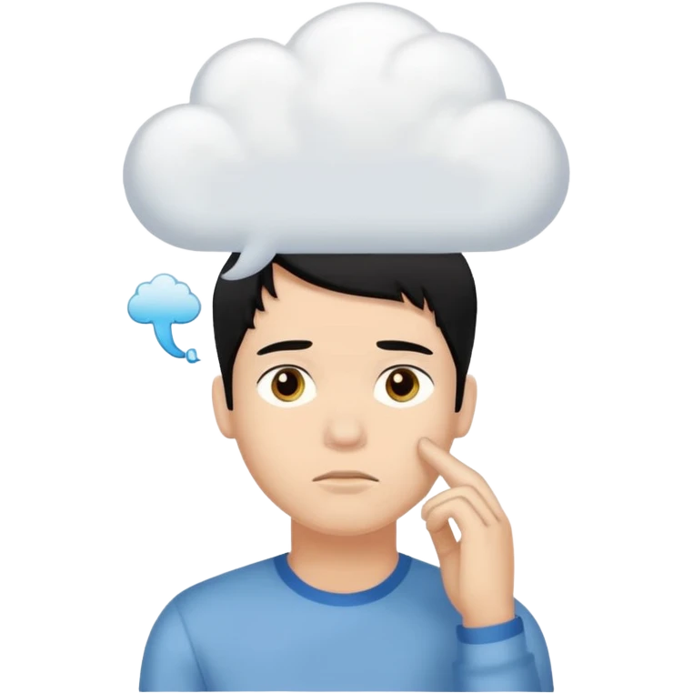 A thinking black hair male person with a white empty thought cloud emoji