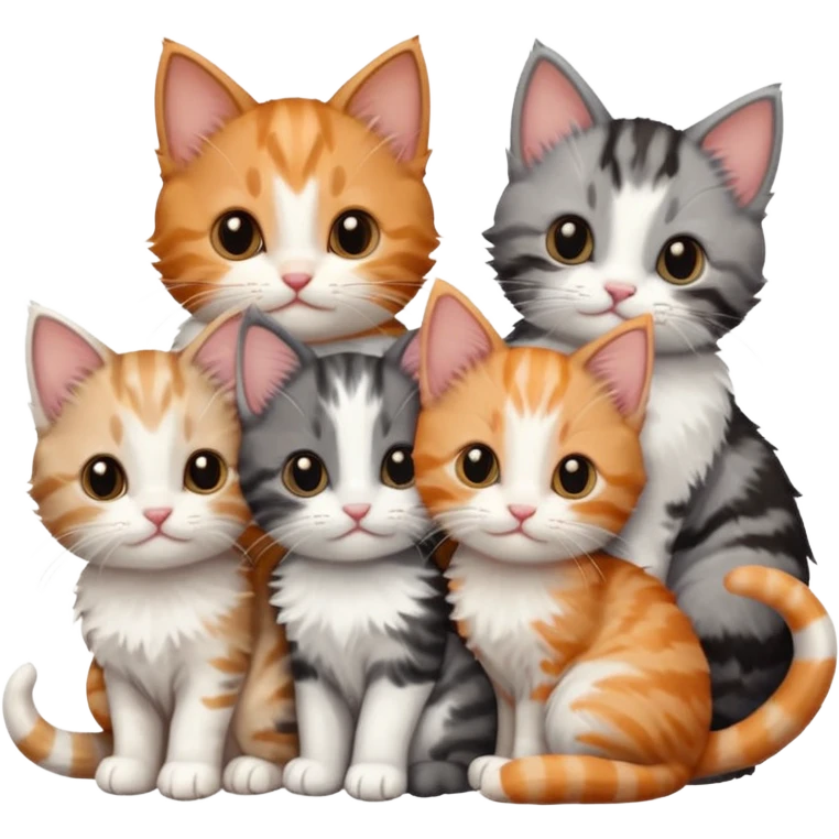6 tiny kittens cuddling together all different colours, the first one is grey and white, the second is ginger and white and the third is brown tabby and white emoji