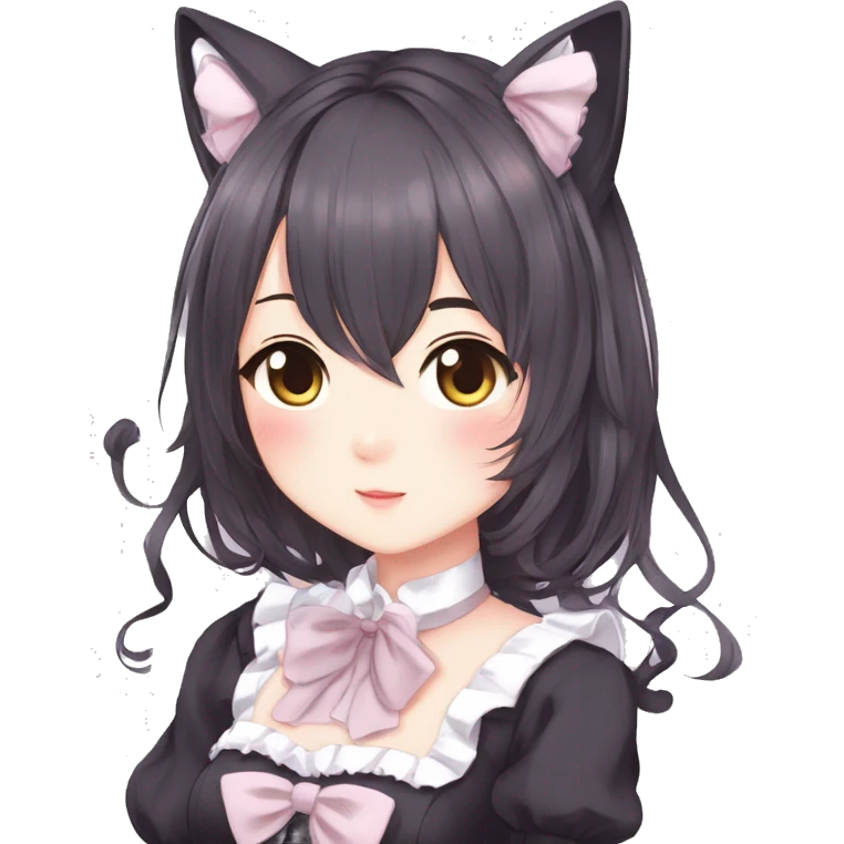 Gorgeous anime style catgirl with blushing face with maid outfit bow tie idol model kawaiicore pearly petite simplistic aesthetic trending style emoji