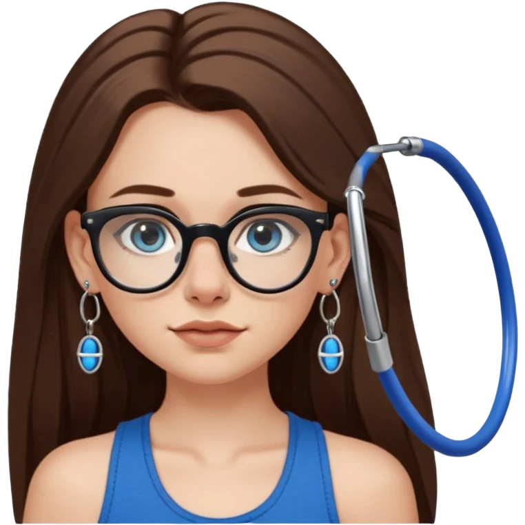 White girl with long brown hair, part going more to the RIGHT side, BLUE eyes, wearing BLACK plastic frame glasses. SEPTUM nose piercing hoop (at bottom of nose) AND stud nose piercing on right side of nose. Wearing BLACK tank top. Wearing big hoop earrings. NOOO necklace! emoji