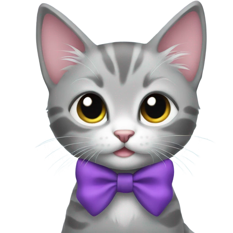 Grey kitten wearing a purple bow emoji