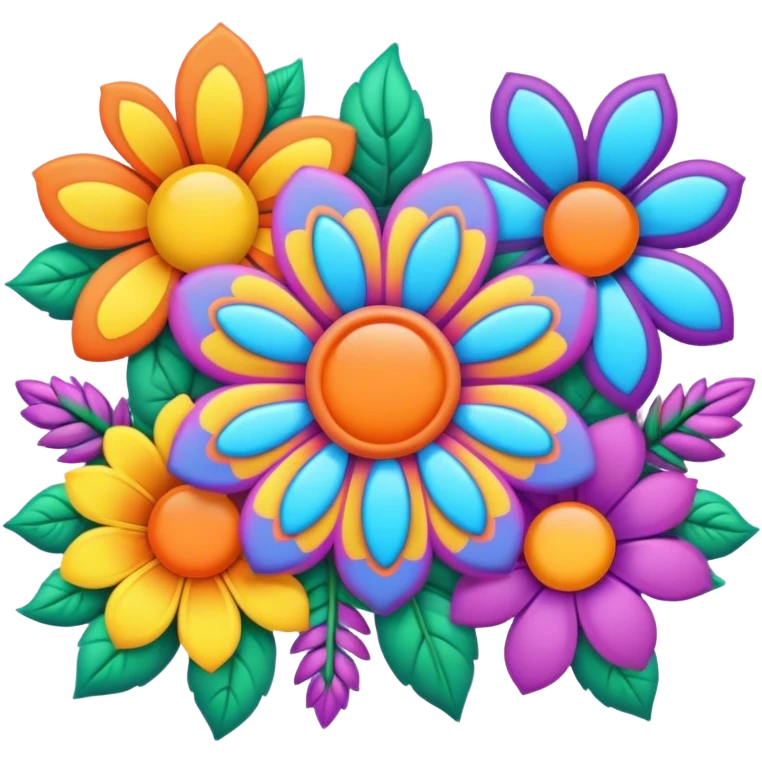 3D, psychedelic colored hippie style flower border  emoji