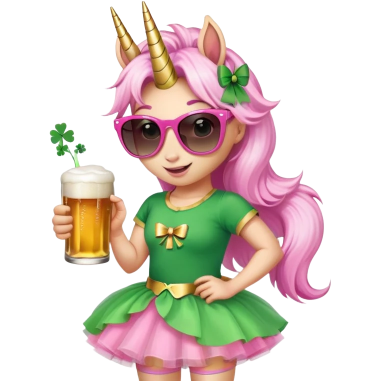 friendly anthropomorphised female unicorn with horse-like face, in tutu and pink t-shirt, wearing dark sunglasses, celebrating St. Patrick's Day emoji