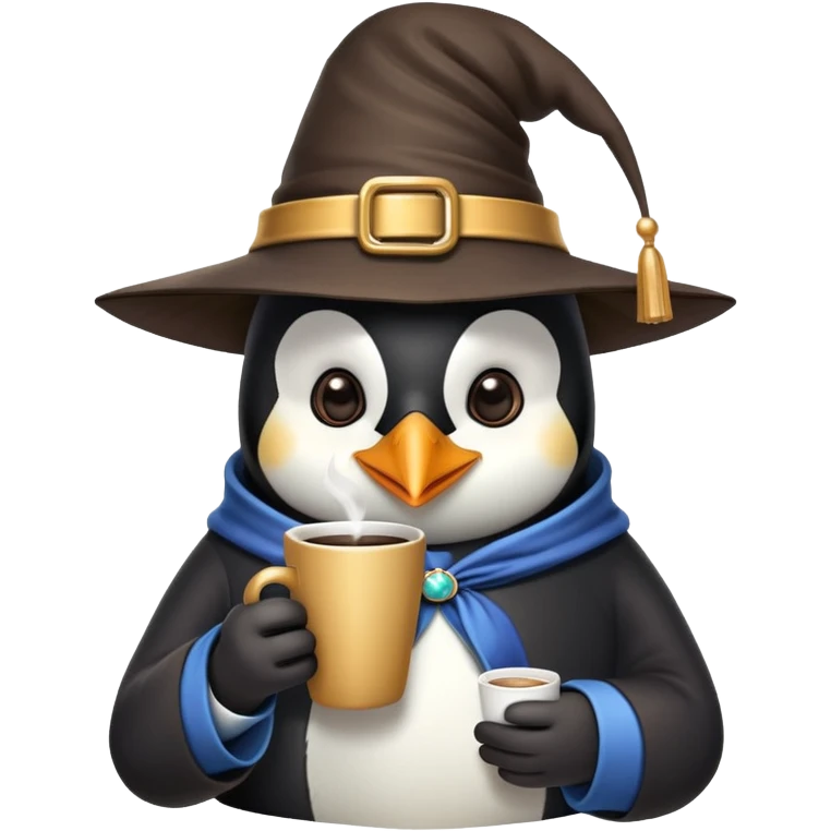 Penguin wizard drinking coffee while using iPhone emoji