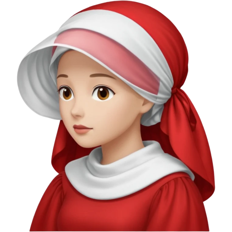 mujer de perfil con un vestido rojo de manga y falsas largas y voluptosas, y una toca blanca GRANDE que no se le ve la cara porque la toca la cubre emoji