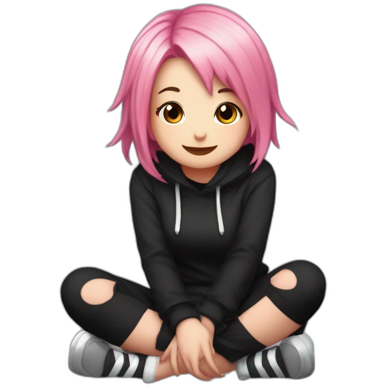 Full body Front view curvy emo girl pink hair sits on the floor straight view hands up black skirt белые трусики полосатые рваные чулки emoji
