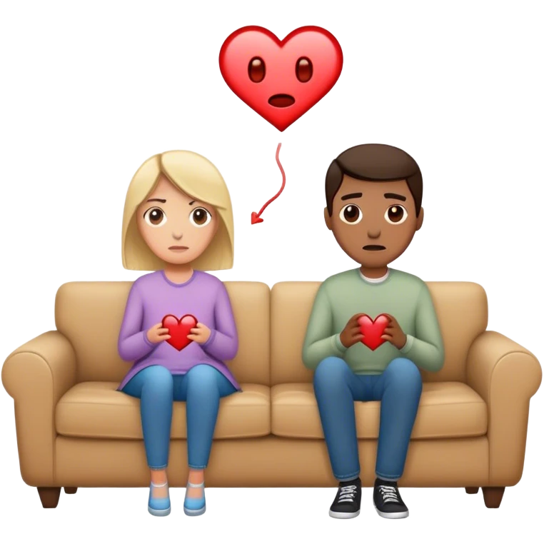 A couple sits on opposite sides of a couch, loo, disconnected. Between them, a faint, invisible thread connects their hearts—but it’s fraying. One of them hesitates, reaching out, unsure whether to fix it or let it snap emoji