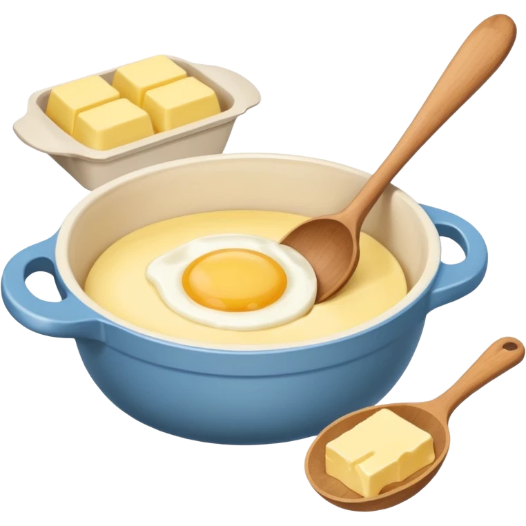 A cream ceramic baking bowl with a wooden spoon in it, next to it is a carton of eggs and butter emoji