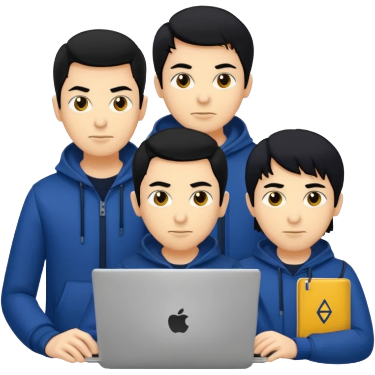 technologist using laptop coding with 2 other technologist three of it is man skin color yellow that using 3 laptop the hair is black and the cloth is dark blue emoji