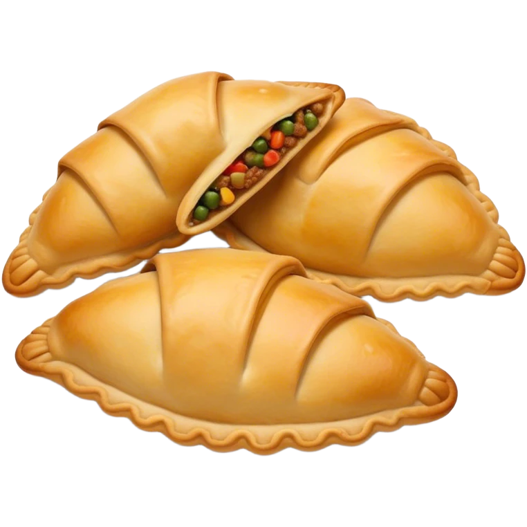 Cinematic Realistic Empanadas Dish Emoji, showcasing crispy fried turnovers filled with spiced meat and vegetables rendered with rich textures and dynamic, appetizing lighting. emoji