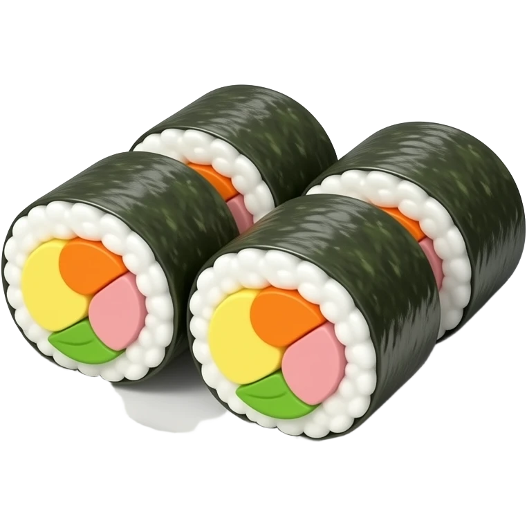 3D emoji style Korean gimbap, round seaweed-wrapped rice rolls 
sliced to show colorful fillings inside (yellow egg, orange carrot, 
green spinach, pink ham), arranged on a white plate, 
Apple emoji aesthetic, soft highlights, 
transparent background, bold simple shapes emoji