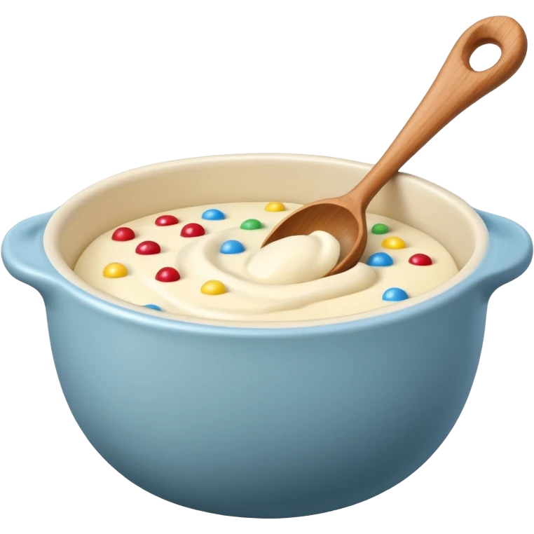 a cream ceramic mixing bowl with a wooden spoon stirring emoji