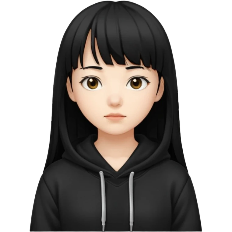 후드티 입은 초딩여자 아이.후드 안 씀. 검은색 후드티와 검은 머리. 머리는 긴 셍머리. 앞머리 있음 emoji