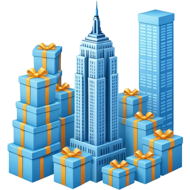 light blue Empire State Building with boxes stacked around, lively emoji
