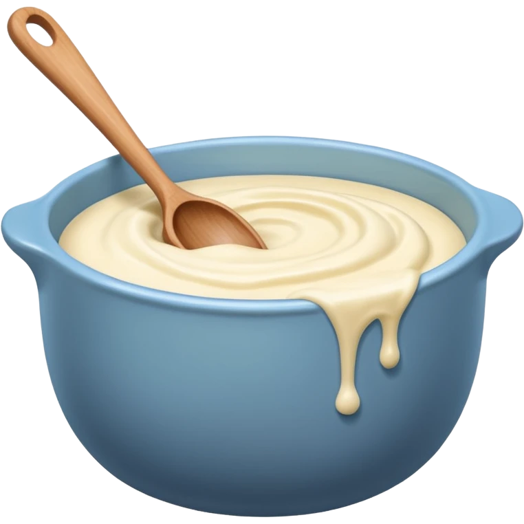 a cream ceramic mixing bowl with a wooden spoon stirring emoji