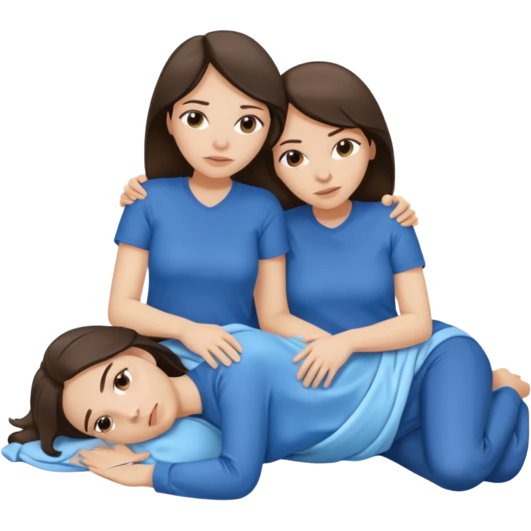 two white brunette women lying down full body on top of each other wrapped around each other one wearing a blue shirt they should be melting into each other emoji