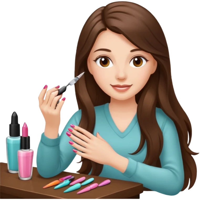 White girl with long brunette hair girl getting her nails done emoji