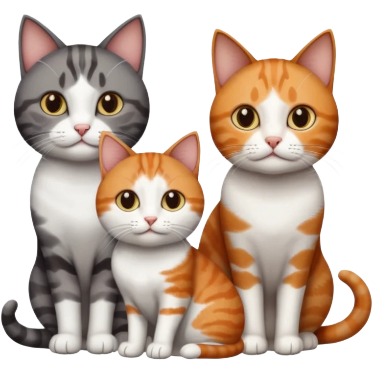 3 different coloured short haired cats including; a dark brown tabby and white cat, and a dark grey and white and a ginger and white emoji
