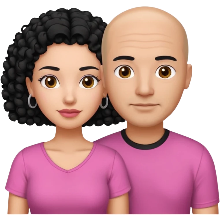 A picture if a couple. the man is a Mexican man with  black hair, a bald hair cut and black shirt on. the woman is mixed with black and white, with curly shoulder length hair and a pink shirt on emoji