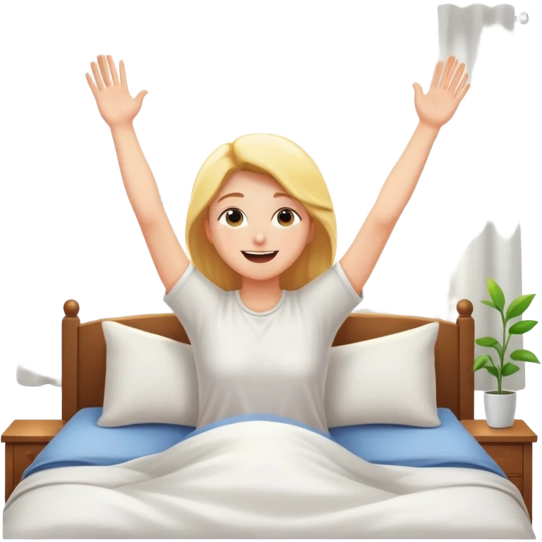 person waking up in bed, stretching with sunlight coming through the window, cheerful and fresh emoji