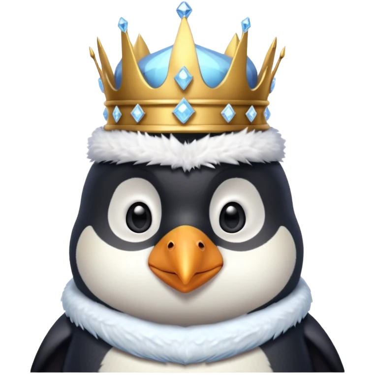penguin king portrait, head and shoulders only, icy crystal crown, royal fur collar, cute serious expression, winter fantasy vibe, 3D cartoon, mobile game icon style, clean background, no text, no watermark
 emoji