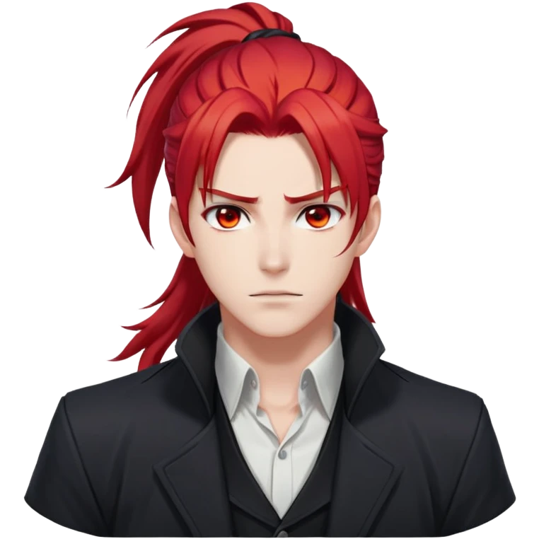 Handsome gorgeous anime man with bright-red hair, thick long ponytail, red eyes, white shirt, black jacket, stone face, Diluc from Genshin Impact emoji