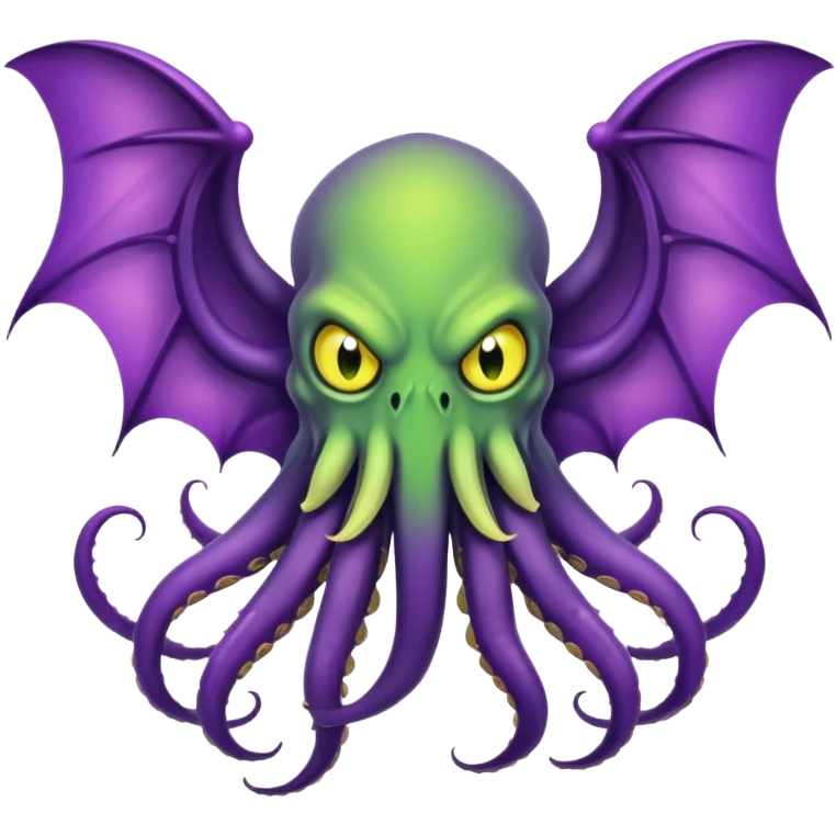 light green Cthulhu with purple bat wings and purple gradient tentacles. Yellow angry eyes. yellow suckers on tentacles. dramatic ominous shading emoji