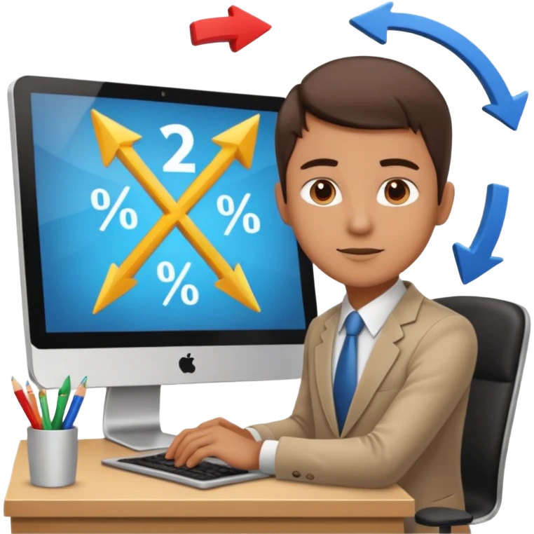 A person sitting at a desk working and looking at a computer with upward arrows and percentage signs, suggesting digital sales, marketing, or outreach. emoji