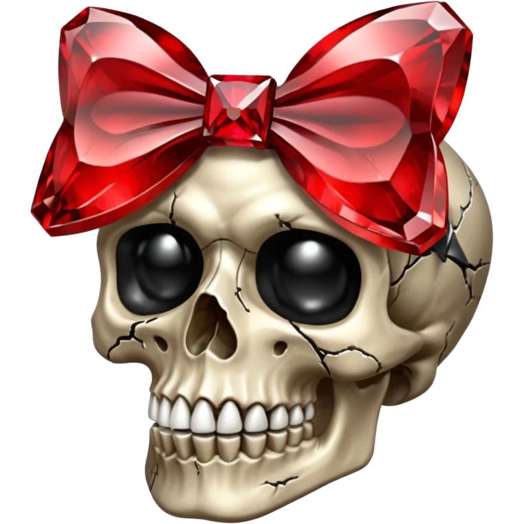 make me a red crystal skull partly see thew super gem like make it realistic and held together by a big black bow super realistic skull cracking all over the eyes are black gems with a hint of gold in the center emoji