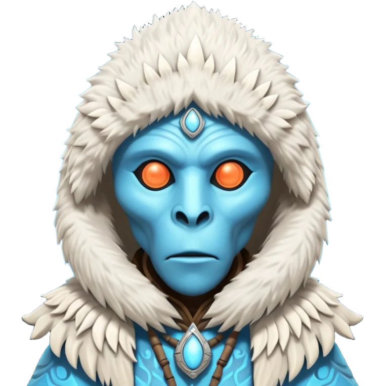 ancient arctic alien shaman portrait, head and shoulders only, Inuit-inspired fur hood, carved bone ornaments, glowing cosmic eyes, icy alien skin, spiritual sci-fi vibe, 3D cartoon, mobile game icon style, clean background, no text, no watermark


 emoji