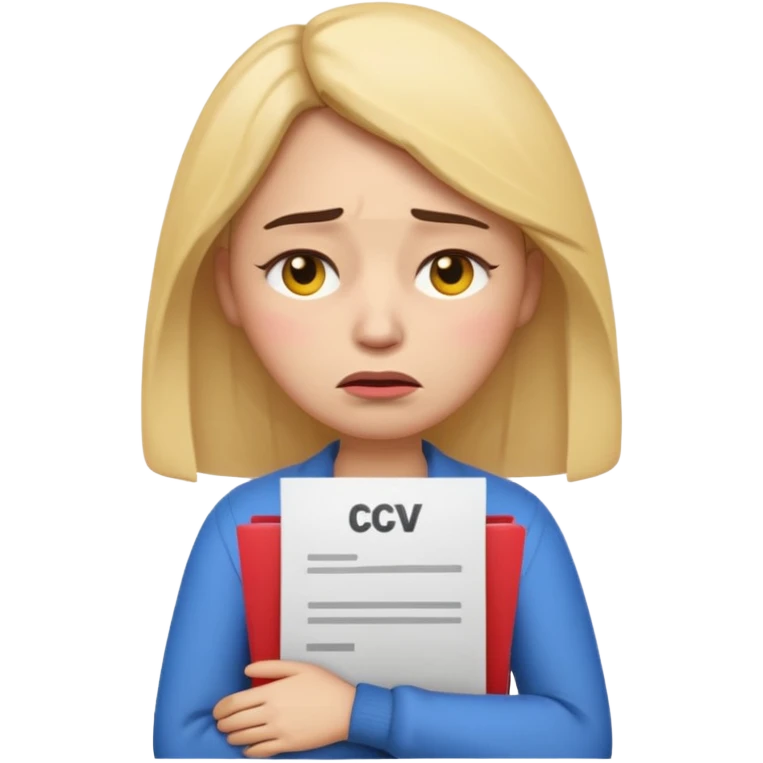  emoji character wearing a interview clothoes. face has a very sad crying, disappointed expression with drooping eyebrows and half-closed eyes. posture is dejected, with slumped shoulders. just rejected from  interview to get a job, holding CV. dont make it old person and make it woman. emoji