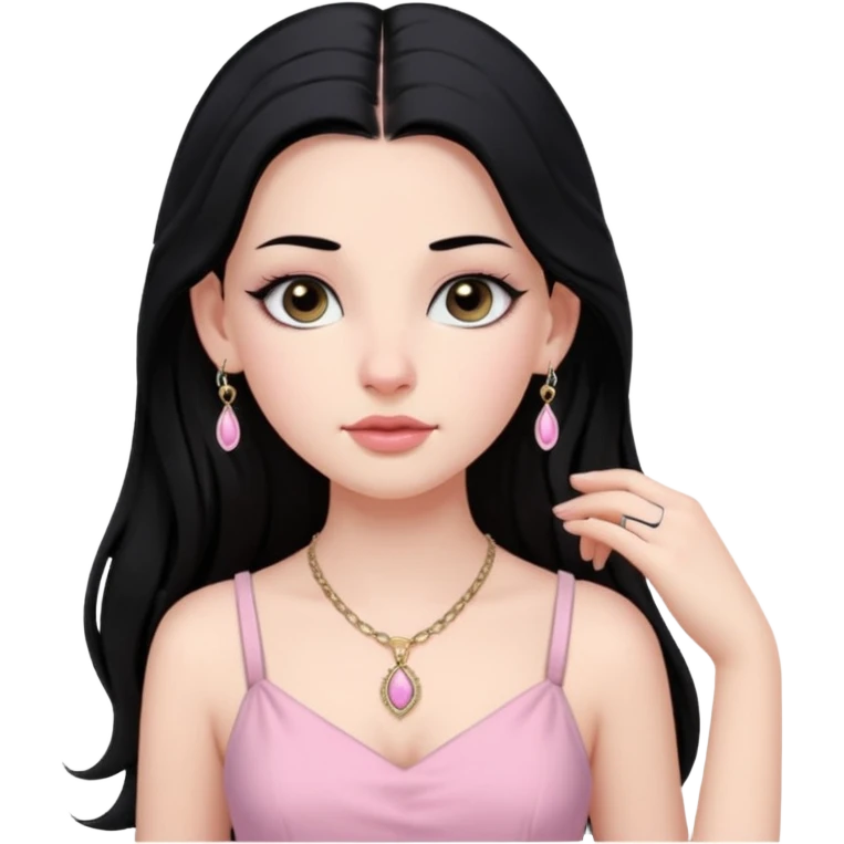 Menina branca ,cabelos longos cor preta , olhos cor preta puxados para cima. Cílios longos, lábios grossos ,nariz pequeno.vestido rosa claro de alça. Jovem de 16 anos .colar e brinco vivara emoji