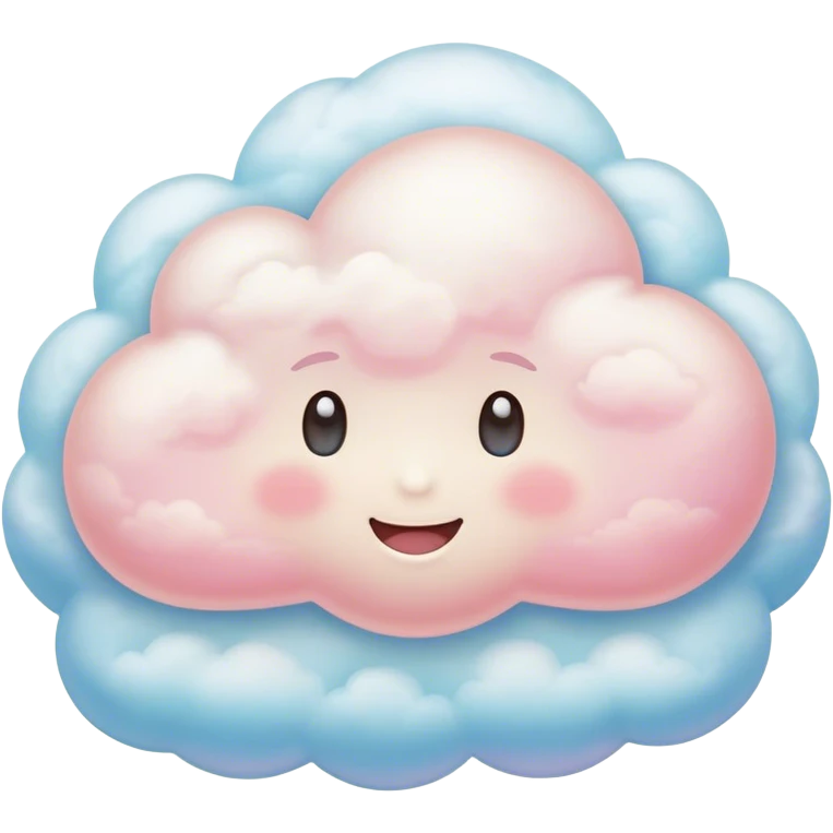 Cinematic round pastel cloud, soft puffy texture, gentle glowing edges, tiny happy face with blushing cheeks, floating in a dreamy sky, warm and magical. emoji