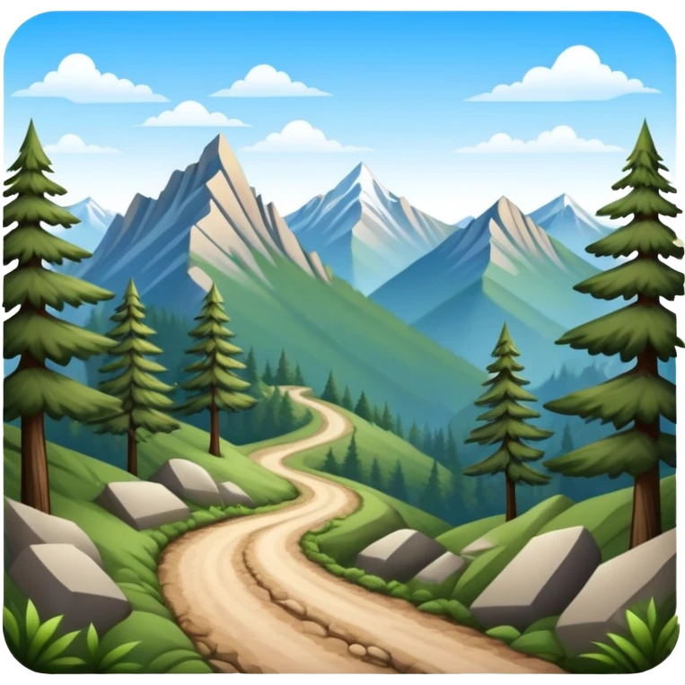 a forest trail or rocky mountain road. The background shows dense trees, steep slopes, and distant peaks under a clear blue sky. emoji