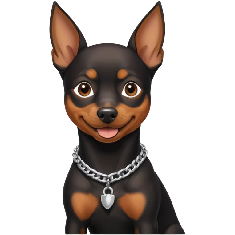 a pinscher dog black and brown sitting and smiling with a silver chain in the neck emoji