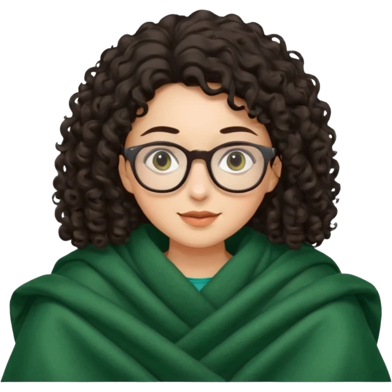 Dark curly hair lady with glasses inside a dark green blanket emoji
