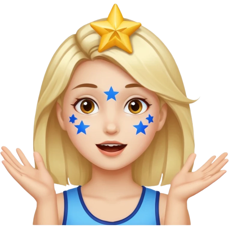 A girl with star-shaped cheek paint, cheering with bright eyes. emoji