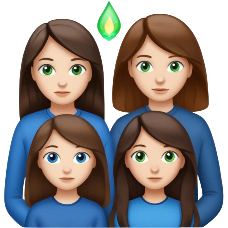 Three people total: Two girls brunette one with straight long hair and blue eyes one with curled hair middle length and green eyes and the other a boy lighter brown with blue eyes  emoji