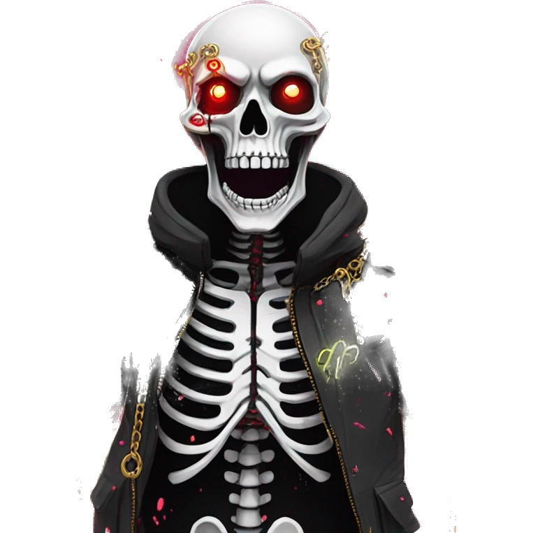 White skeleton zombie person covered in golden chains and black graffiti scribbles and red and silver doodles wings made of neon lightning snowing snowflakes emoji