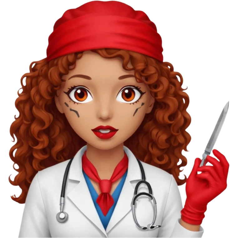 Scary woman scalpel in hand, evil surgeon sexy surgeon clothes.  She has red eyes. Her  brown long curly hair. Wears sexy doctor outfit with red gloves. Only uses red bandanna  to hide her face mouth with red bandana to hide her identity emoji