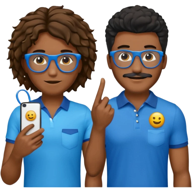 Dois emojis, um homem pardo com cabelos pretos, blusa azul com gola e botões, óculos retangular na cor azul. Mulher parda com cabelo curto preto, óculos redondos e transparentes, está com vestido azul de alças finas e com brincos de argolas douradas na orelha emoji