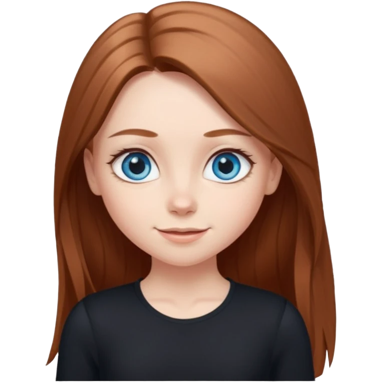 A girl with fair skin and a natural blush. Eyes are large, expressive, blue. Hair is long, straight, chestnut-colored. The smile is soft, friendly, in a black top and leggings emoji
